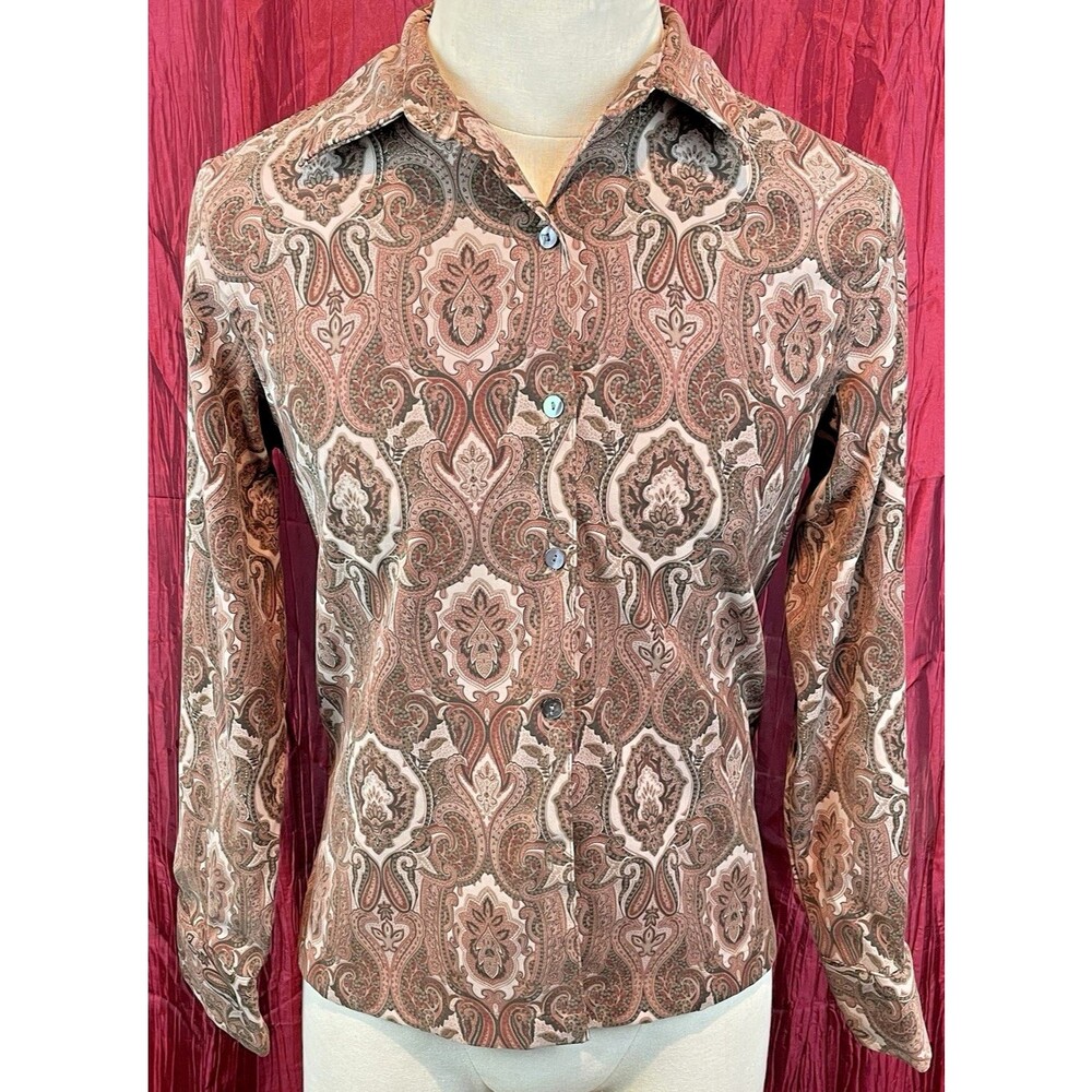 Womens Caribbean Joe Brown Paisly Poly/Spandex LS Casual Shirt Side Vents  sz Lg